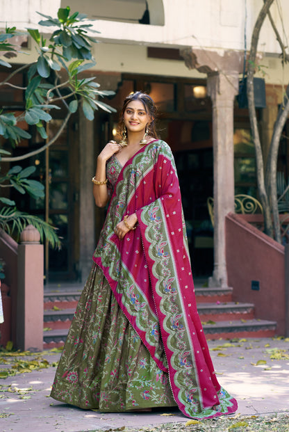 Lorenvalley Fashion Green Tasar Silk Gilded Motif Foil Printed Lehenga Choli with Dupatta