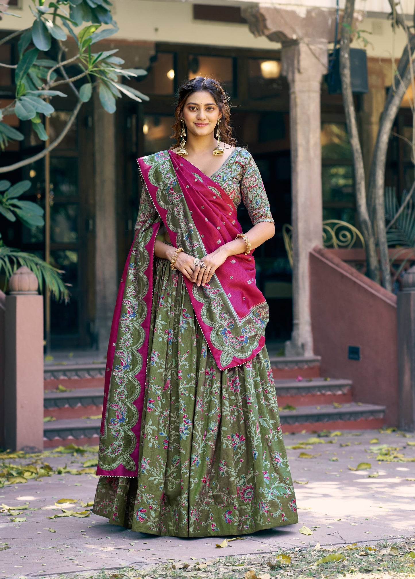 Lorenvalley Fashion Green Tasar Silk Gilded Motif Foil Printed Lehenga Choli with Dupatta