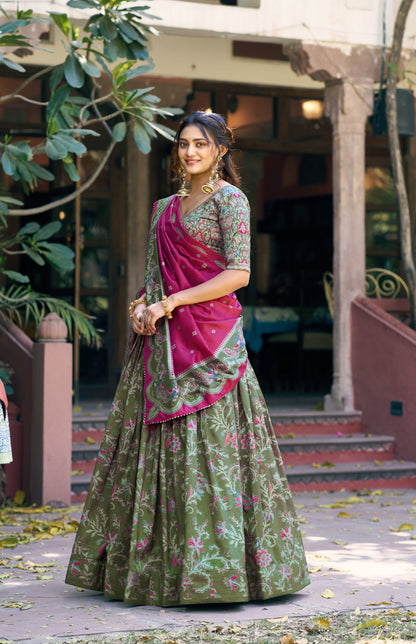 Lorenvalley Fashion Green Tasar Silk Gilded Motif Foil Printed Lehenga Choli with Dupatta