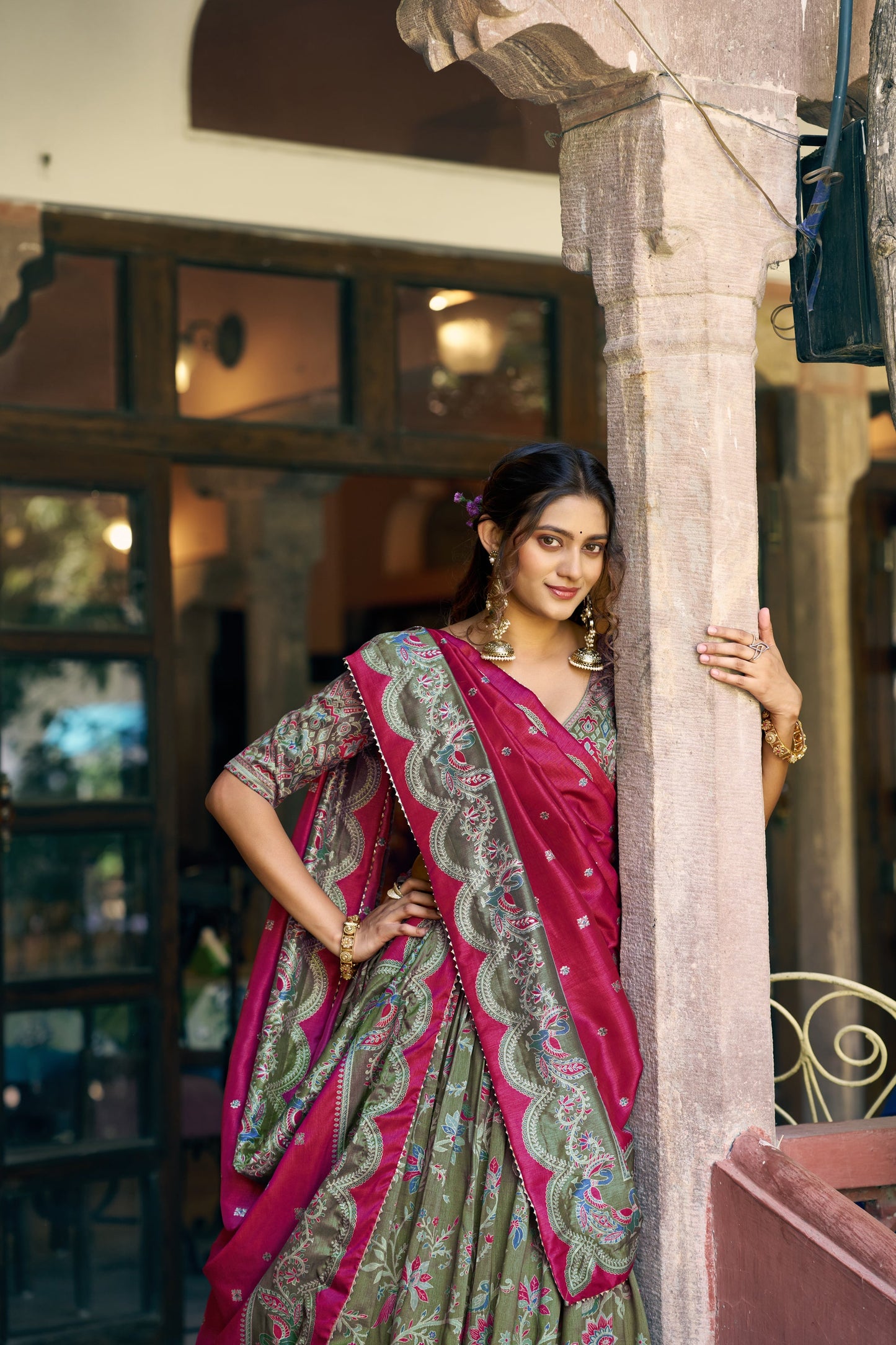 Lorenvalley Fashion Green Tasar Silk Gilded Motif Foil Printed Lehenga Choli with Dupatta