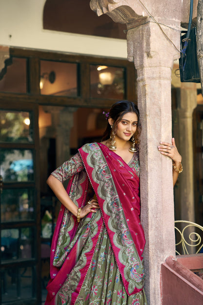 Lorenvalley Fashion Green Tasar Silk Gilded Motif Foil Printed Lehenga Choli with Dupatta