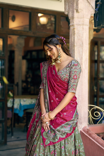 Lorenvalley Fashion Green Tasar Silk Gilded Motif Foil Printed Lehenga Choli with Dupatta