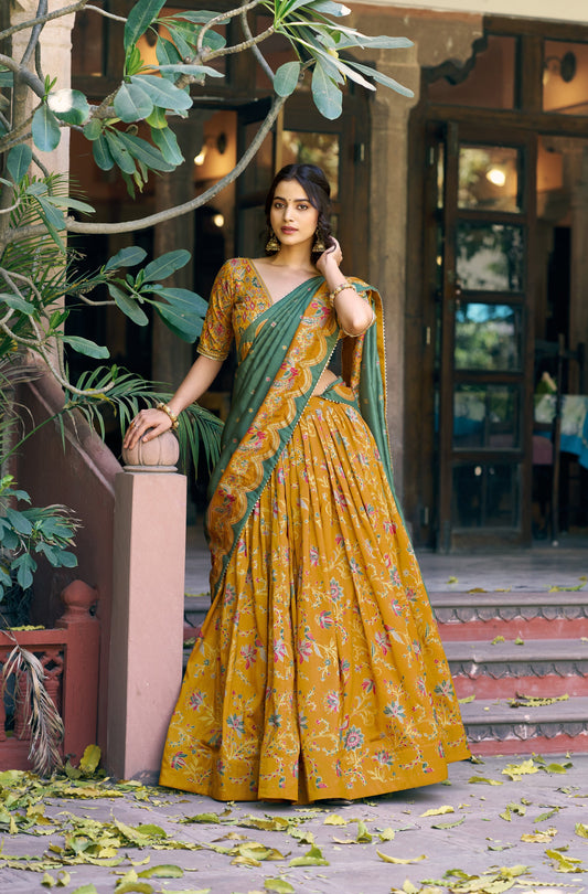 Lorenvalley Fashion Mustard Tasar Silk Gilded Motif Foil Printed Lehenga Choli with Dupatta