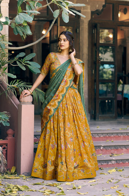 Lorenvalley Fashion Mustard Tasar Silk Gilded Motif Foil Printed Lehenga Choli with Dupatta