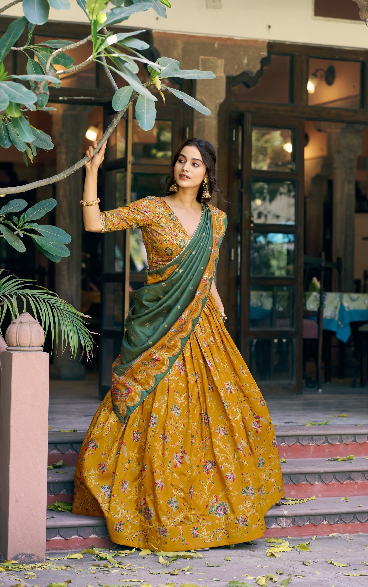Lorenvalley Fashion Mustard Tasar Silk Gilded Motif Foil Printed Lehenga Choli with Dupatta