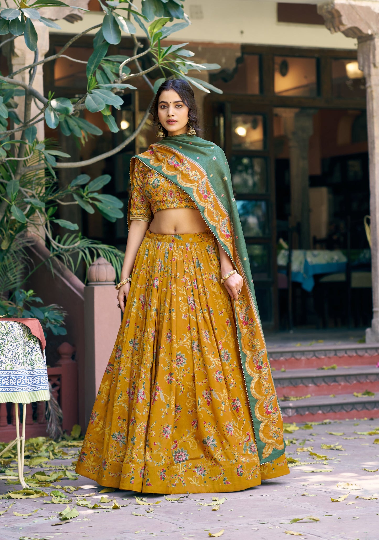 Lorenvalley Fashion Mustard Tasar Silk Gilded Motif Foil Printed Lehenga Choli with Dupatta