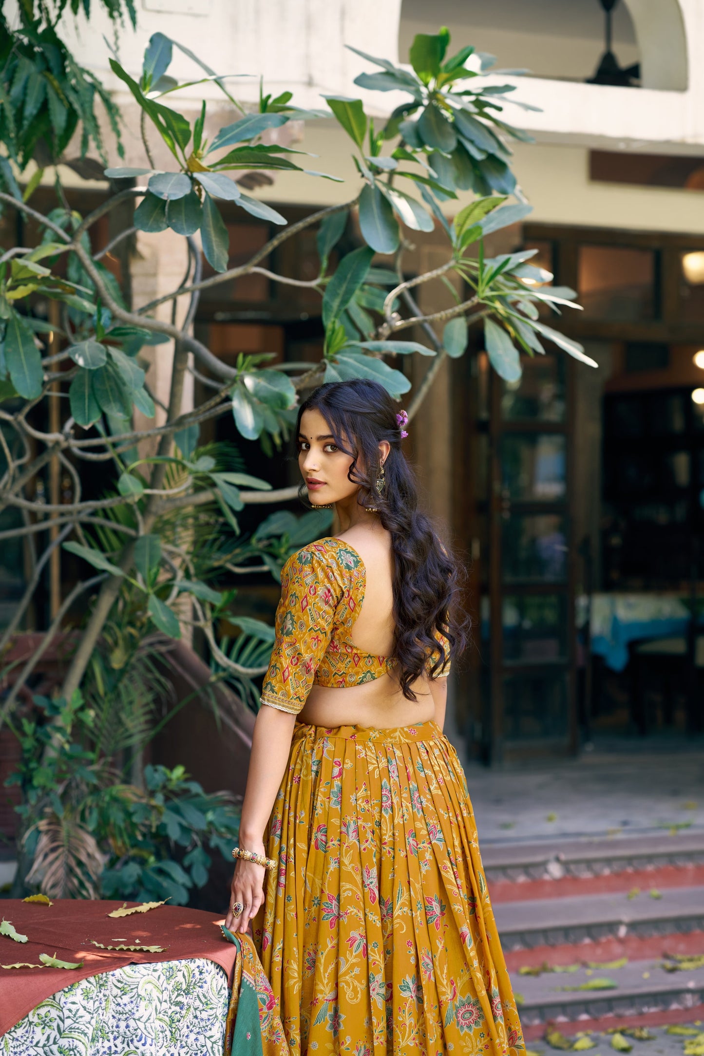 Lorenvalley Fashion Mustard Tasar Silk Gilded Motif Foil Printed Lehenga Choli with Dupatta