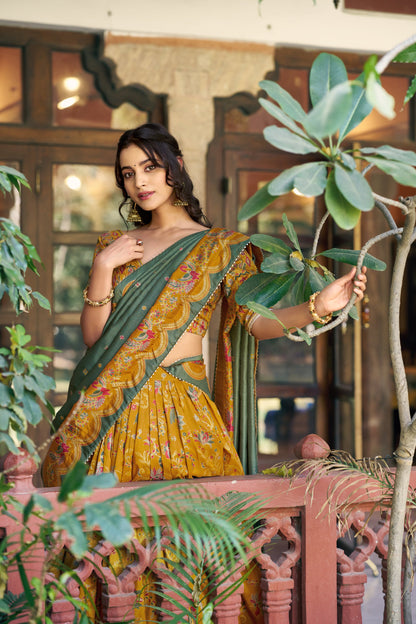 Lorenvalley Fashion Mustard Tasar Silk Gilded Motif Foil Printed Lehenga Choli with Dupatta