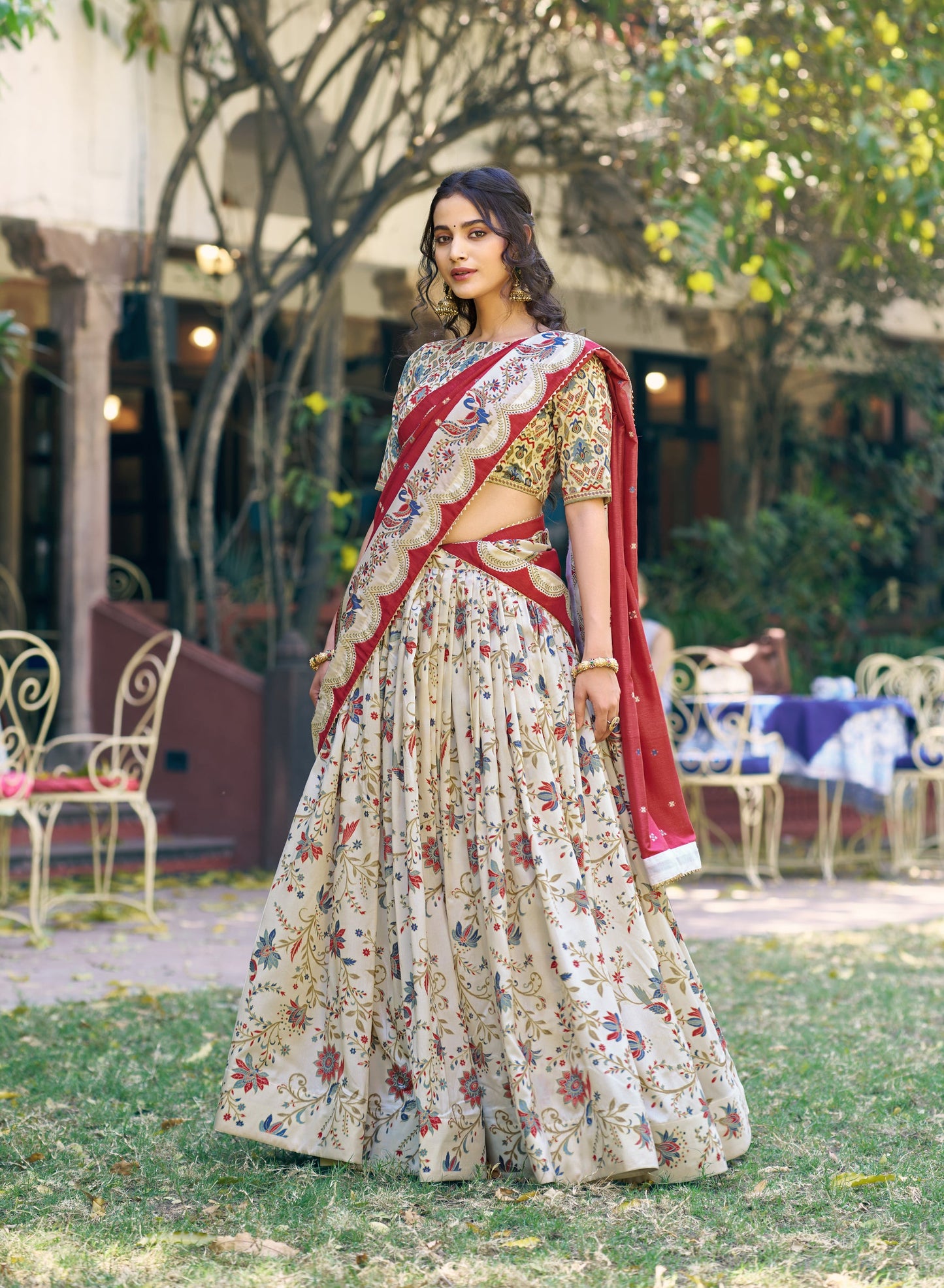 Lorenvalley Fashion Offwhite Tasar Silk Gilded Motif Foil Printed Lehenga Choli with Dupatta
