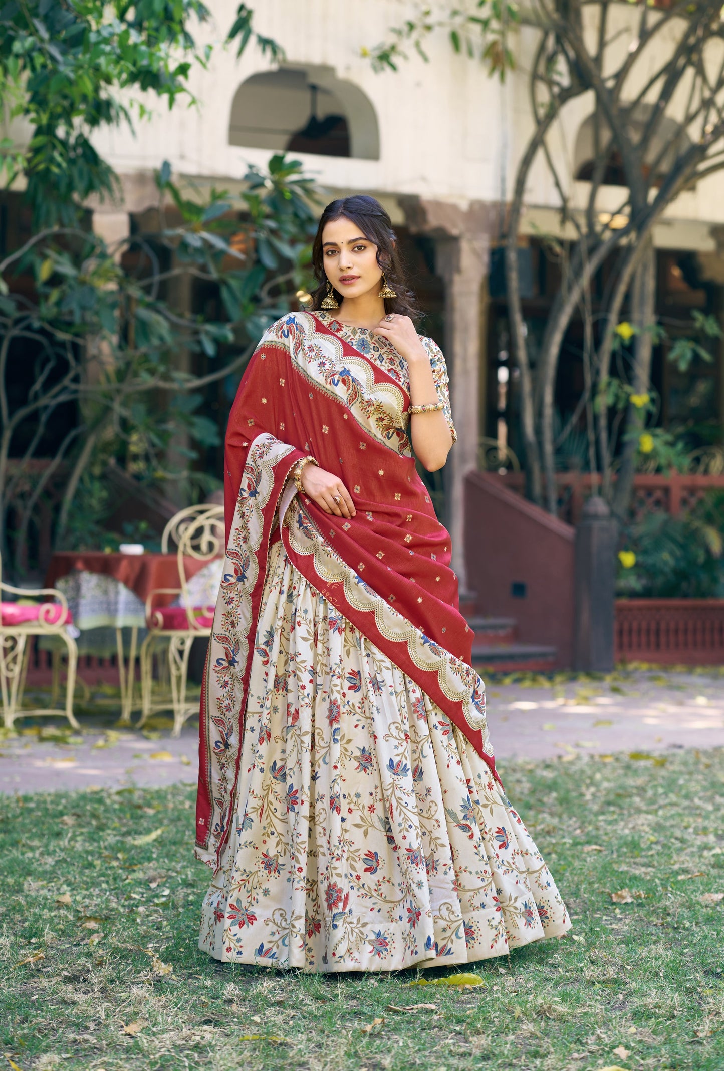 Lorenvalley Fashion Offwhite Tasar Silk Gilded Motif Foil Printed Lehenga Choli with Dupatta