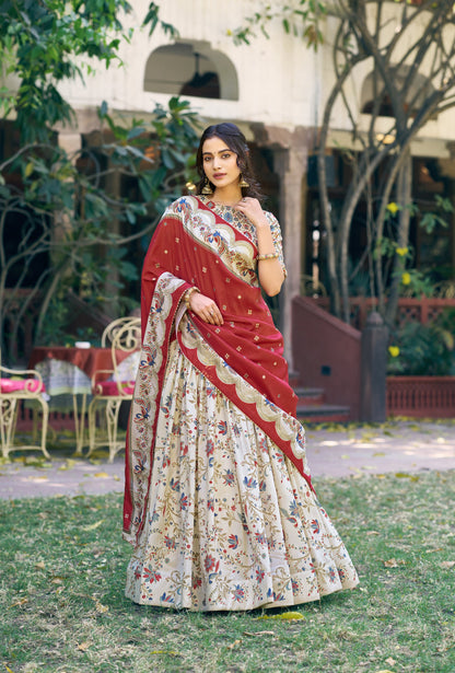Lorenvalley Fashion Offwhite Tasar Silk Gilded Motif Foil Printed Lehenga Choli with Dupatta