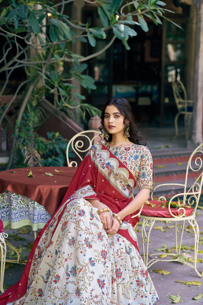 Lorenvalley Fashion Offwhite Tasar Silk Gilded Motif Foil Printed Lehenga Choli with Dupatta