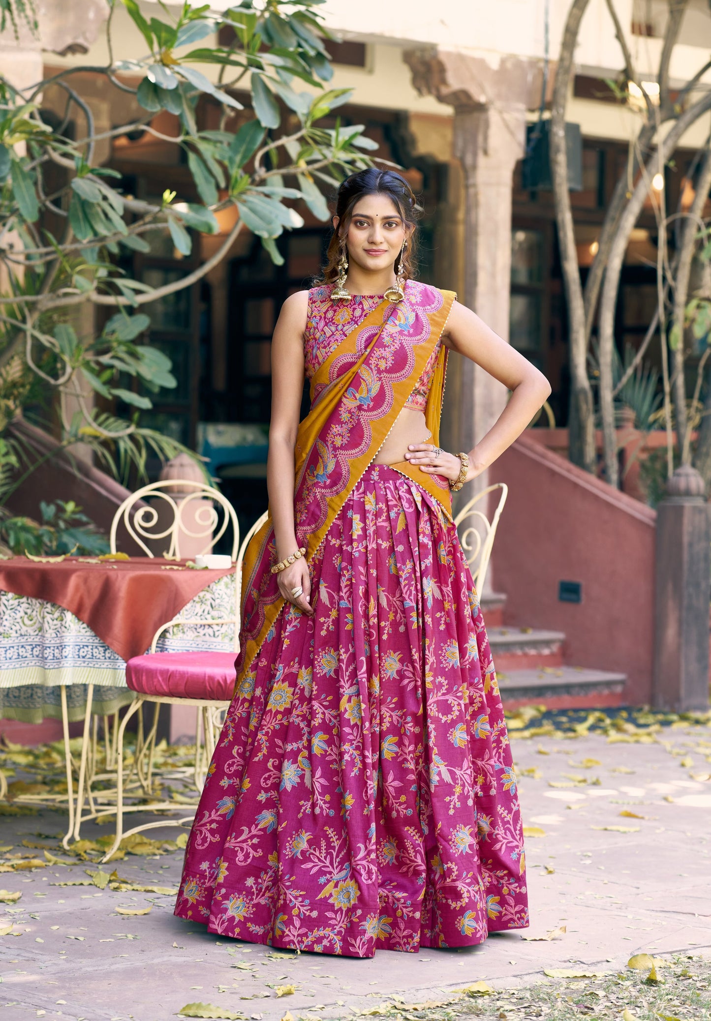 Lorenvalley Fashion Pink Tasar Silk Gilded Motif Foil Printed Lehenga Choli with Dupatta