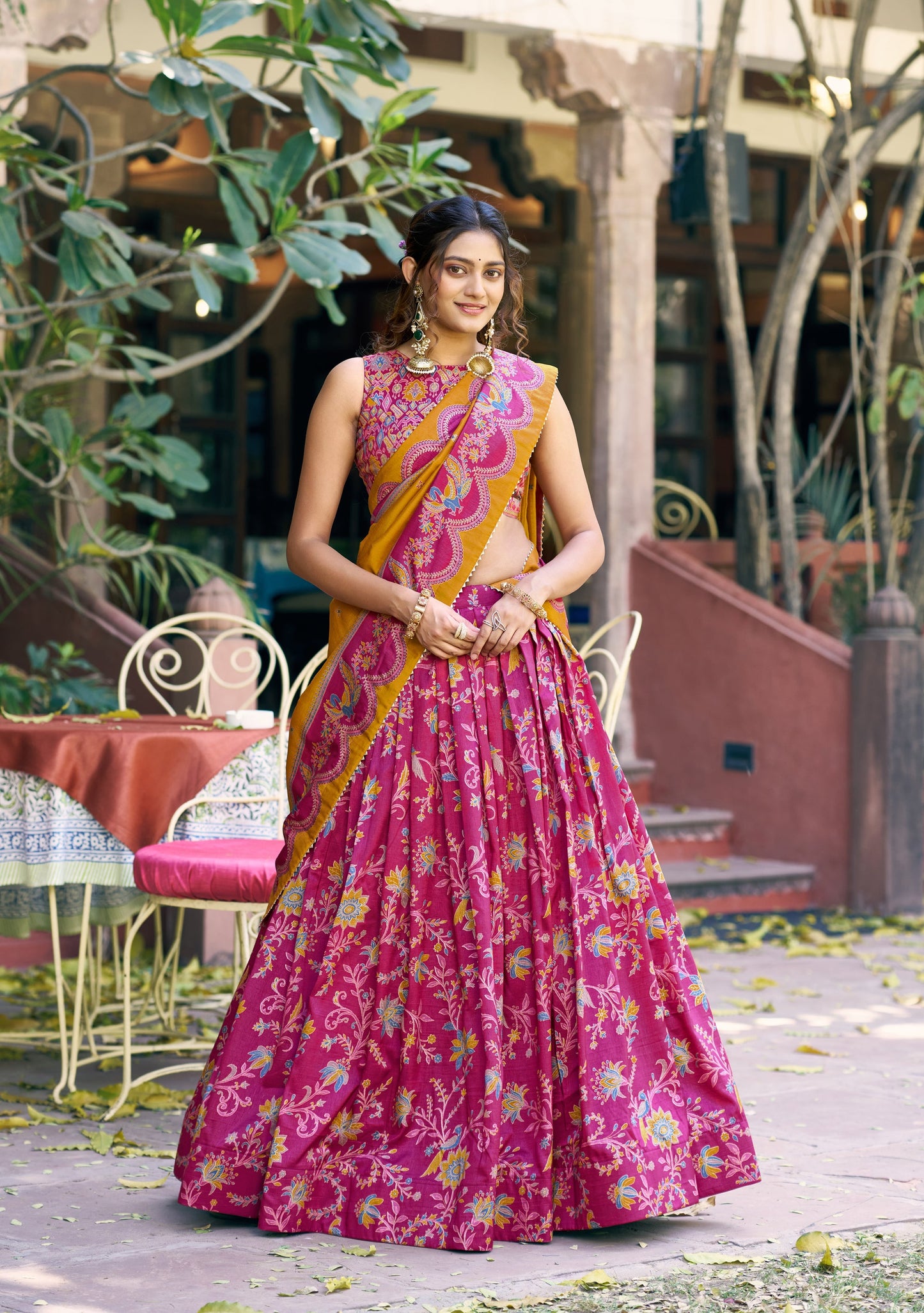 Lorenvalley Fashion Pink Tasar Silk Gilded Motif Foil Printed Lehenga Choli with Dupatta