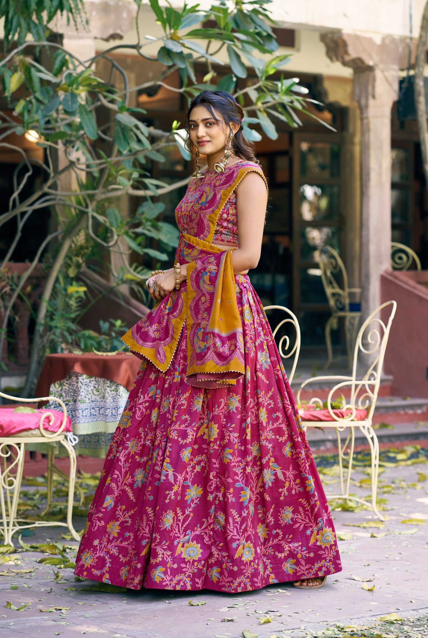 Lorenvalley Fashion Pink Tasar Silk Gilded Motif Foil Printed Lehenga Choli with Dupatta
