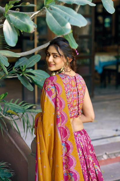 Lorenvalley Fashion Pink Tasar Silk Gilded Motif Foil Printed Lehenga Choli with Dupatta