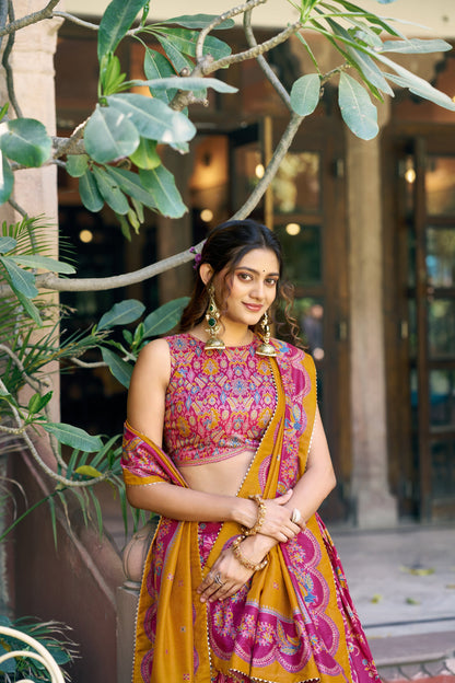 Lorenvalley Fashion Pink Tasar Silk Gilded Motif Foil Printed Lehenga Choli with Dupatta