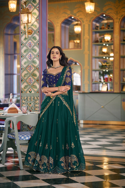 Lorenvalley Fashion Teal Rangoli Silk Sequins and Thread Embroidery Work Lehenga Choli with Dupatta