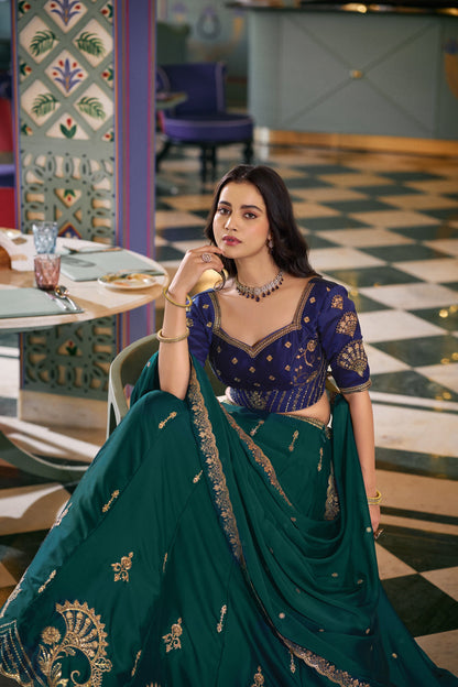 Lorenvalley Fashion Teal Rangoli Silk Sequins and Thread Embroidery Work Lehenga Choli with Dupatta