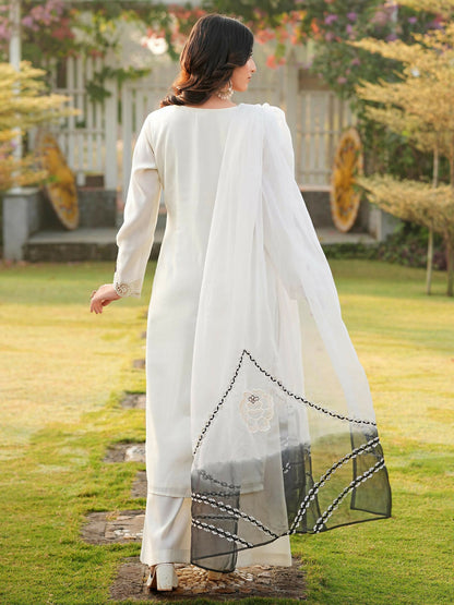 Nikhaar Cream Embroidered Art Silk Stitched Straight Cut Kurta Palazzo Dupatta Readymade Suit