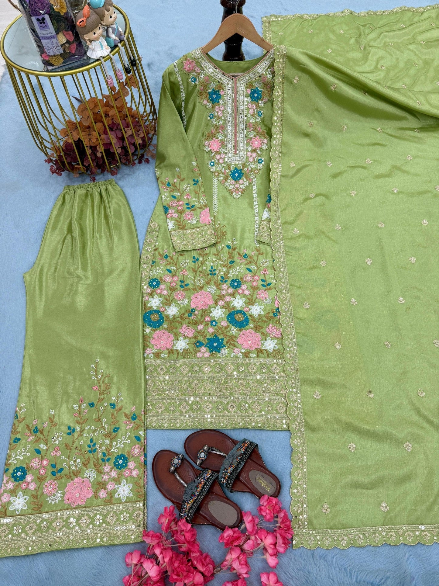 Anaita Green Chinon Readymade Suit With Embroidery & Diamond Work