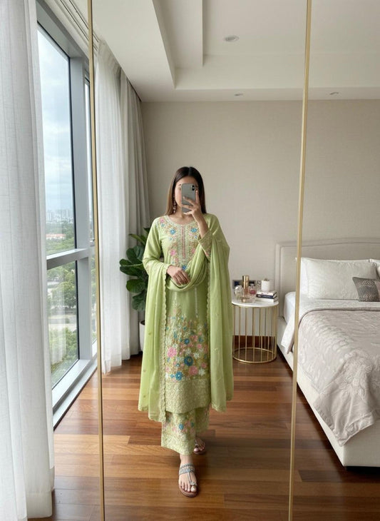 Anaita Green Chinon Readymade Suit With Embroidery & Diamond Work
