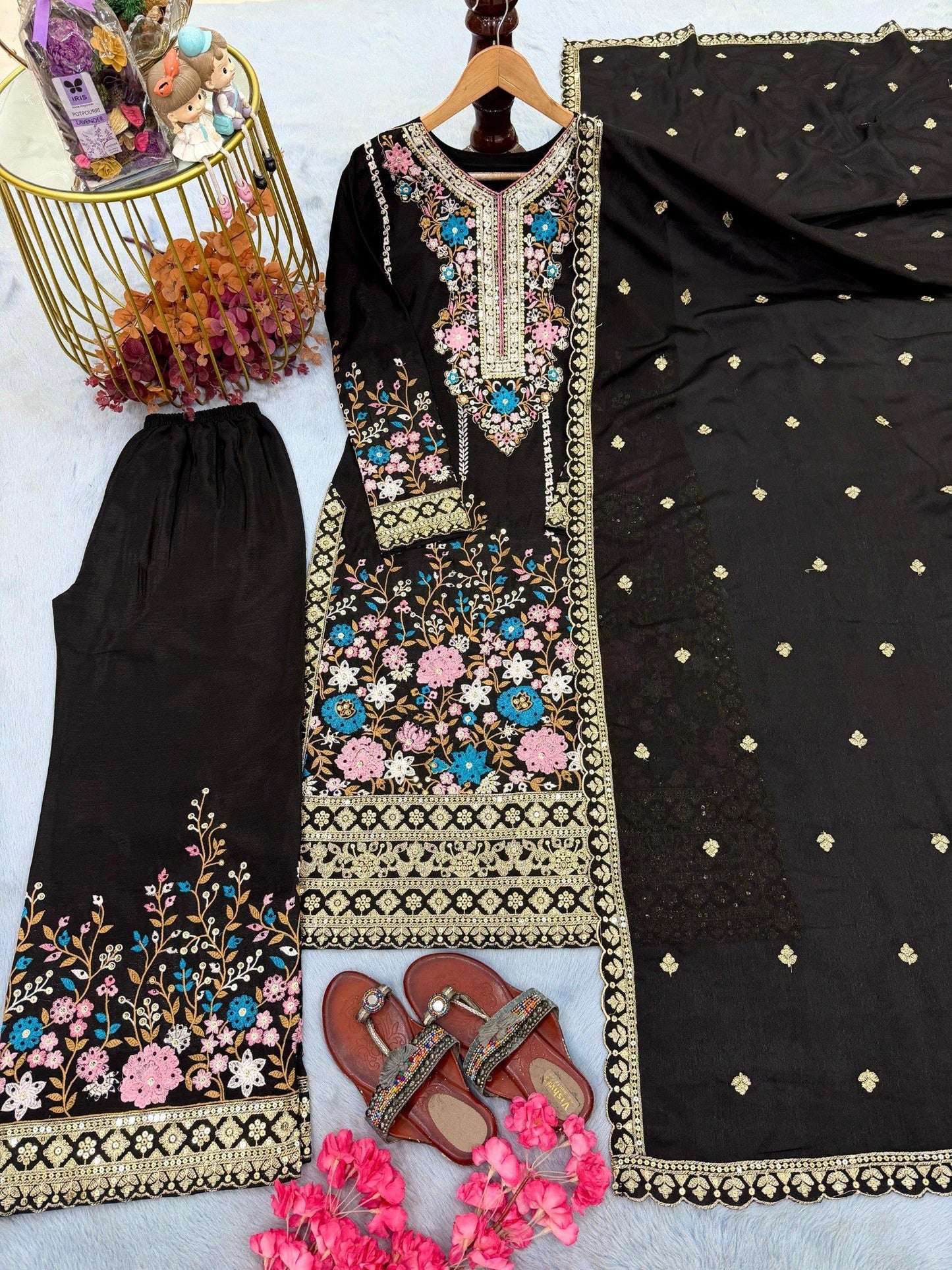 Anaita Black Chinon Readymade Suit with Embroidery & Diamond Work
