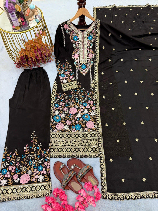 Anaita Black Chinon Readymade Suit with Embroidery & Diamond Work