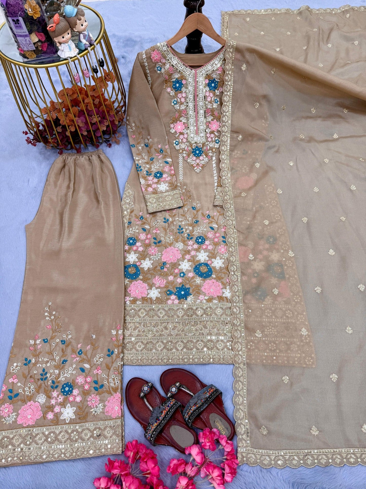 Anaita Beige Chinon Readymade Suit with Embroidery & Diamond Work