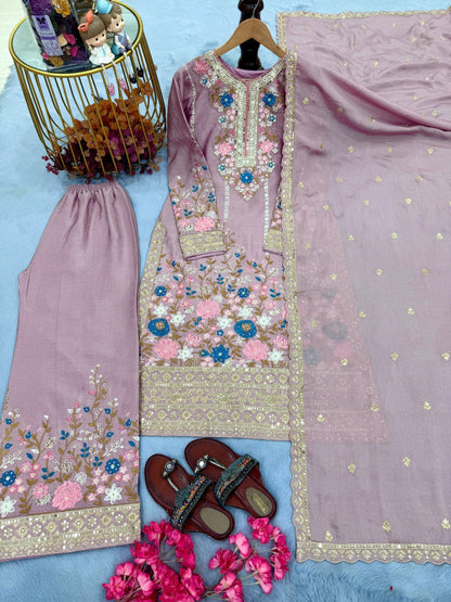 Anaita Lavender Chinon Readymade Suit with Embroidery & Diamond Work