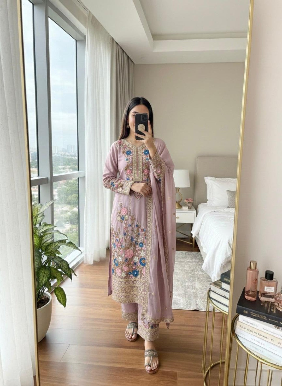 Anaita Lavender Chinon Readymade Suit with Embroidery & Diamond Work
