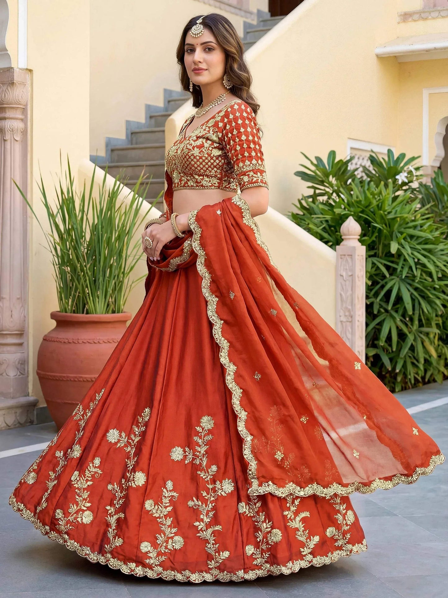 Tulsi Art Captivating Orange Thread Embroidered Silk Wedding Wear Lehenga Choli