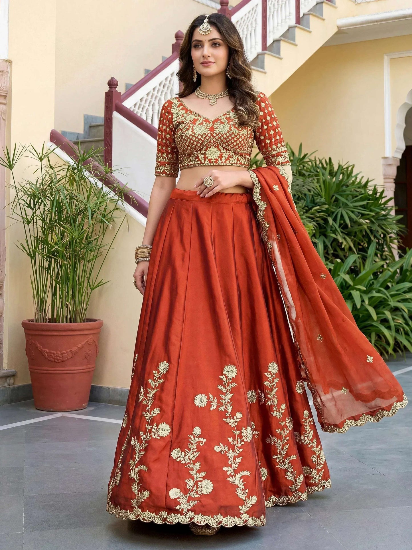 Tulsi Art Captivating Orange Thread Embroidered Silk Wedding Wear Lehenga Choli