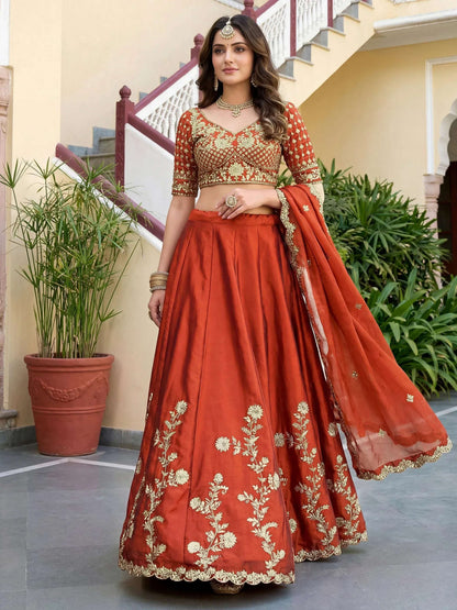 Tulsi Art Captivating Orange Thread Embroidered Silk Wedding Wear Lehenga Choli