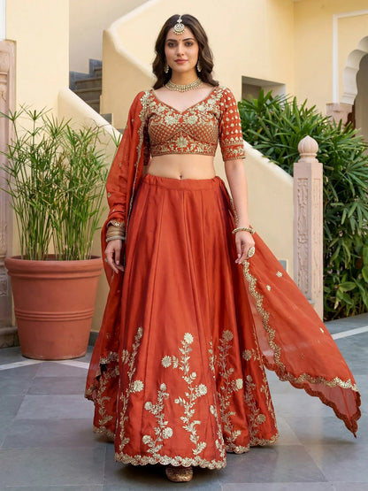 Tulsi Art Captivating Orange Thread Embroidered Silk Wedding Wear Lehenga Choli