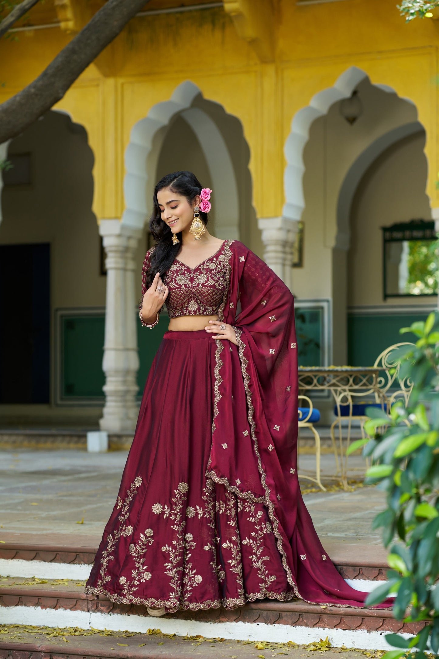 Lorenvalley Fashion Maroon Rangoli Silk Sequins and Thread Embroidery Work Lehenga Choli with Dupatta