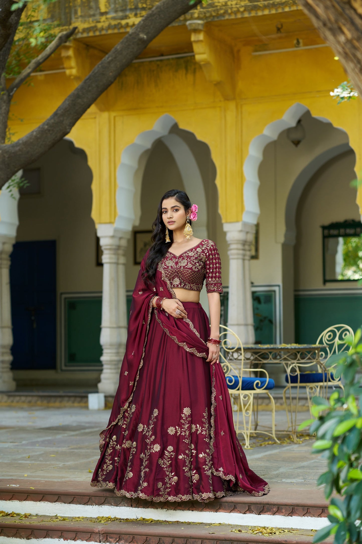 Lorenvalley Fashion Maroon Rangoli Silk Sequins and Thread Embroidery Work Lehenga Choli with Dupatta