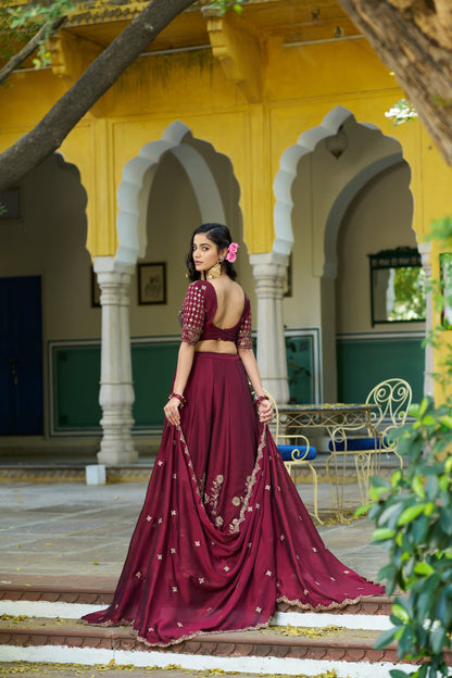 Lorenvalley Fashion Maroon Rangoli Silk Sequins and Thread Embroidery Work Lehenga Choli with Dupatta