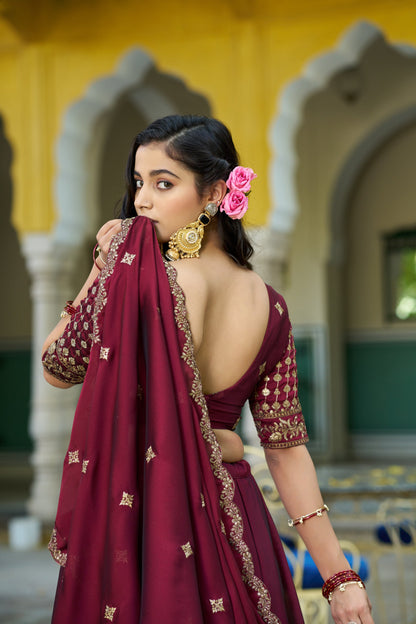 Lorenvalley Fashion Maroon Rangoli Silk Sequins and Thread Embroidery Work Lehenga Choli with Dupatta