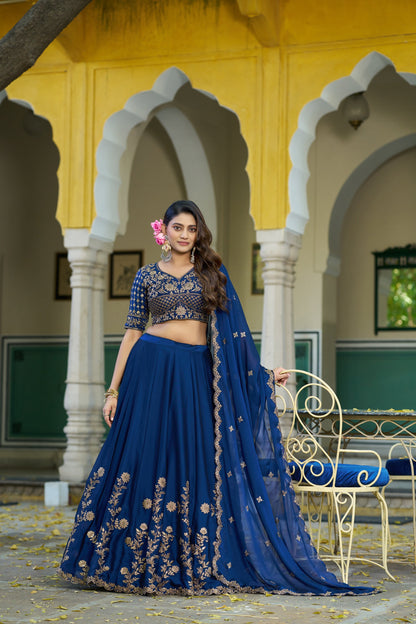 Lorenvalley Fashion Navyblue Rangoli Silk Sequins and Thread Embroidery Work Lehenga Choli with Dupatta