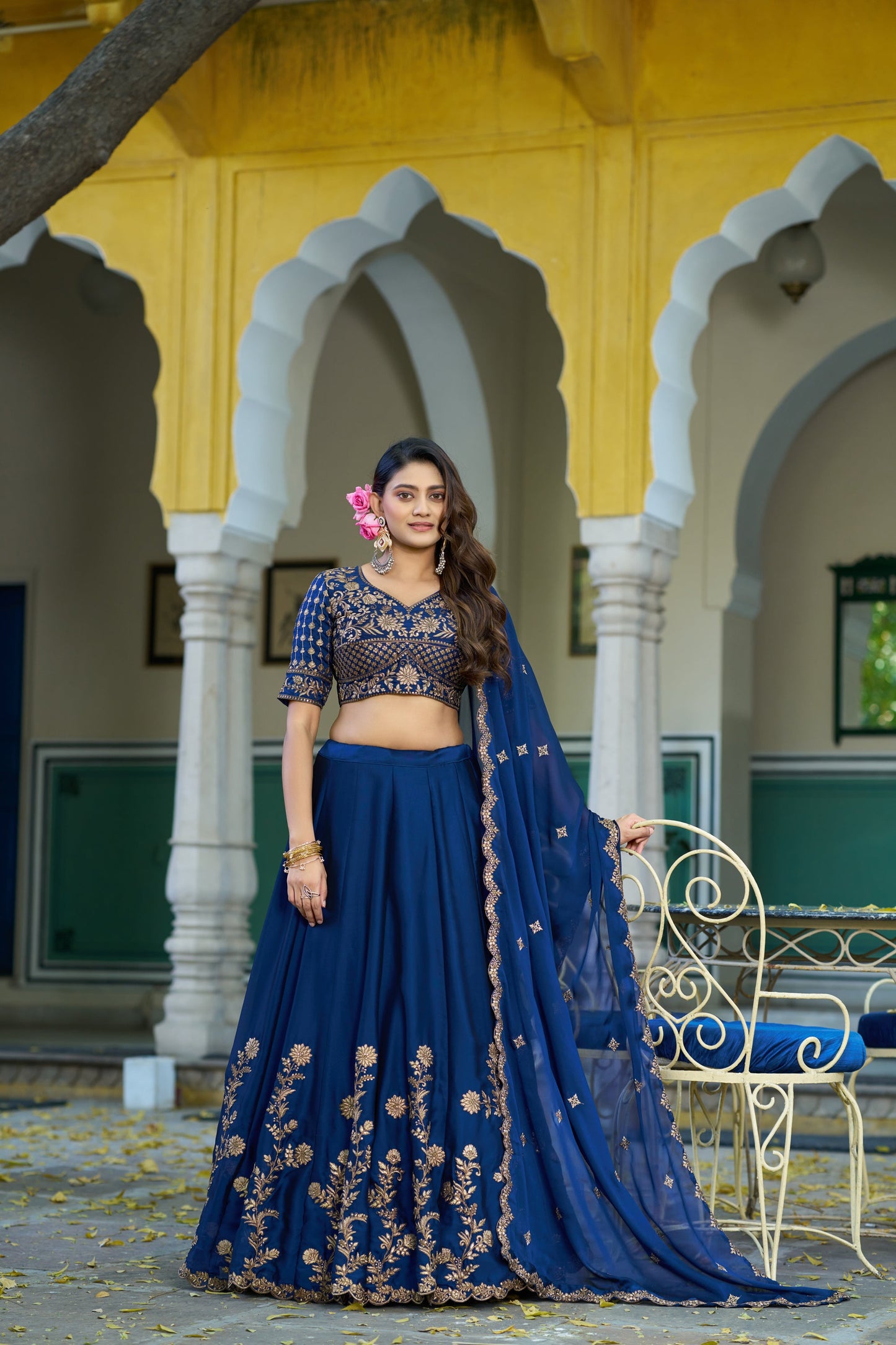 Lorenvalley Fashion Navyblue Rangoli Silk Sequins and Thread Embroidery Work Lehenga Choli with Dupatta