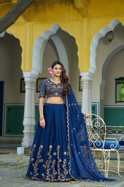 Lorenvalley Fashion Navyblue Rangoli Silk Sequins and Thread Embroidery Work Lehenga Choli with Dupatta
