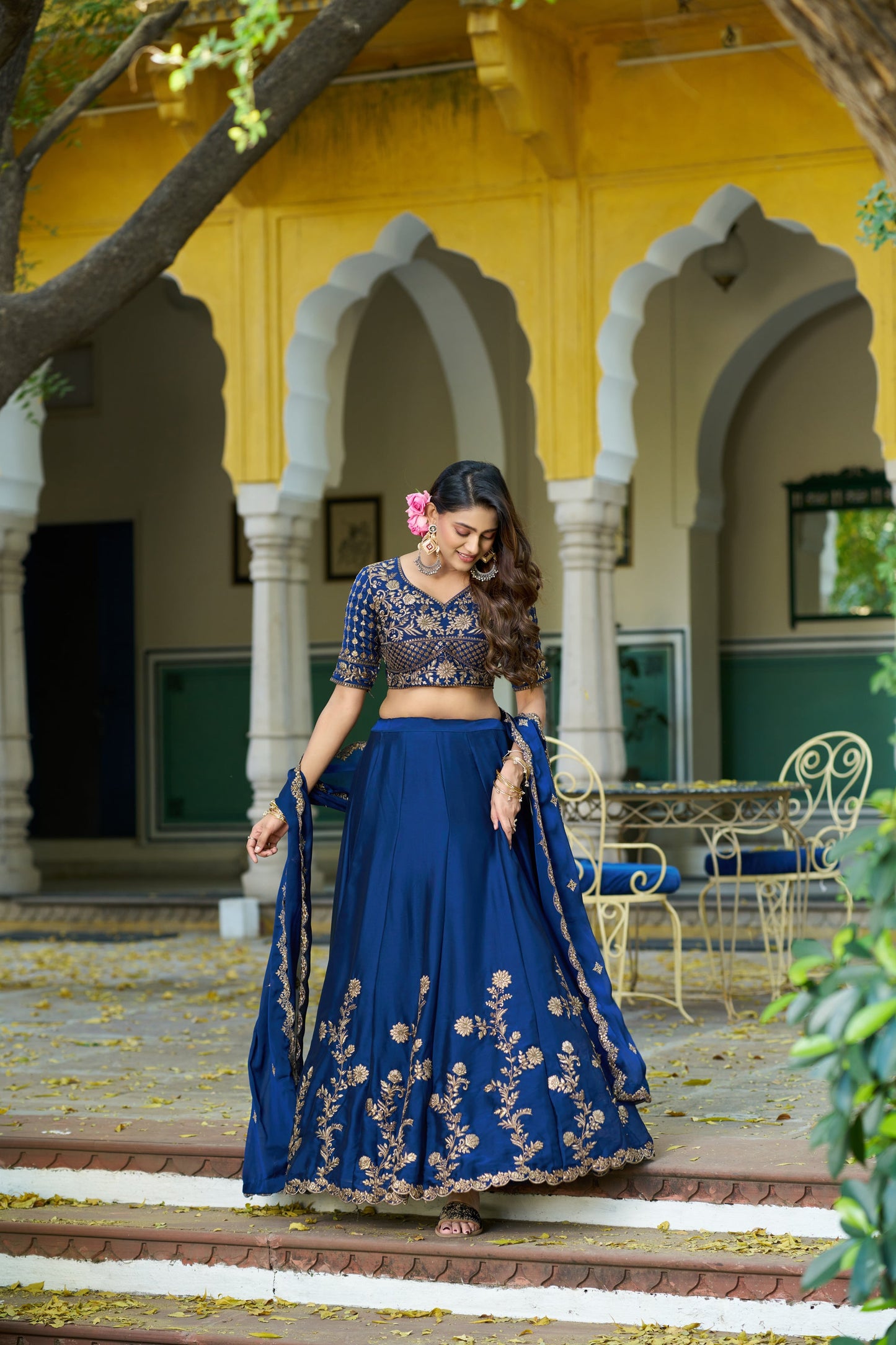 Lorenvalley Fashion Navyblue Rangoli Silk Sequins and Thread Embroidery Work Lehenga Choli with Dupatta