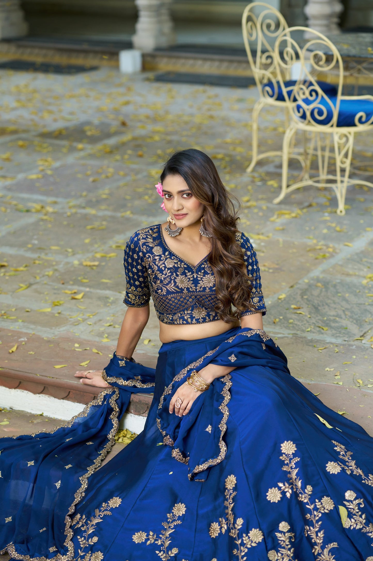 Lorenvalley Fashion Navyblue Rangoli Silk Sequins and Thread Embroidery Work Lehenga Choli with Dupatta