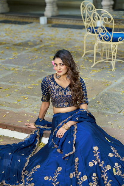 Lorenvalley Fashion Navyblue Rangoli Silk Sequins and Thread Embroidery Work Lehenga Choli with Dupatta