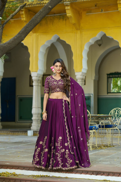Lorenvalley Fashion Wine Rangoli Silk Sequins and Thread Embroidery Work Lehenga Choli with Dupatta