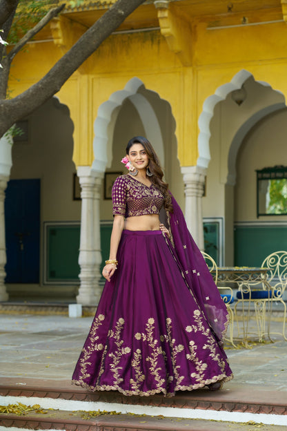 Lorenvalley Fashion Wine Rangoli Silk Sequins and Thread Embroidery Work Lehenga Choli with Dupatta