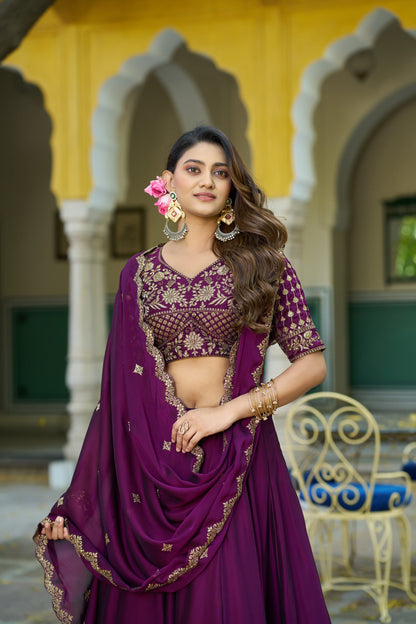 Lorenvalley Fashion Wine Rangoli Silk Sequins and Thread Embroidery Work Lehenga Choli with Dupatta