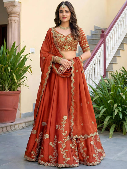 Tulsi Art Captivating Orange Thread Embroidered Silk Wedding Wear Lehenga Choli