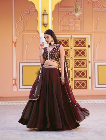 Lorenvalley Fashion Maroon Fendy Satin Sequins and Thread Embroidery Work Lehenga Choli with Dupatta